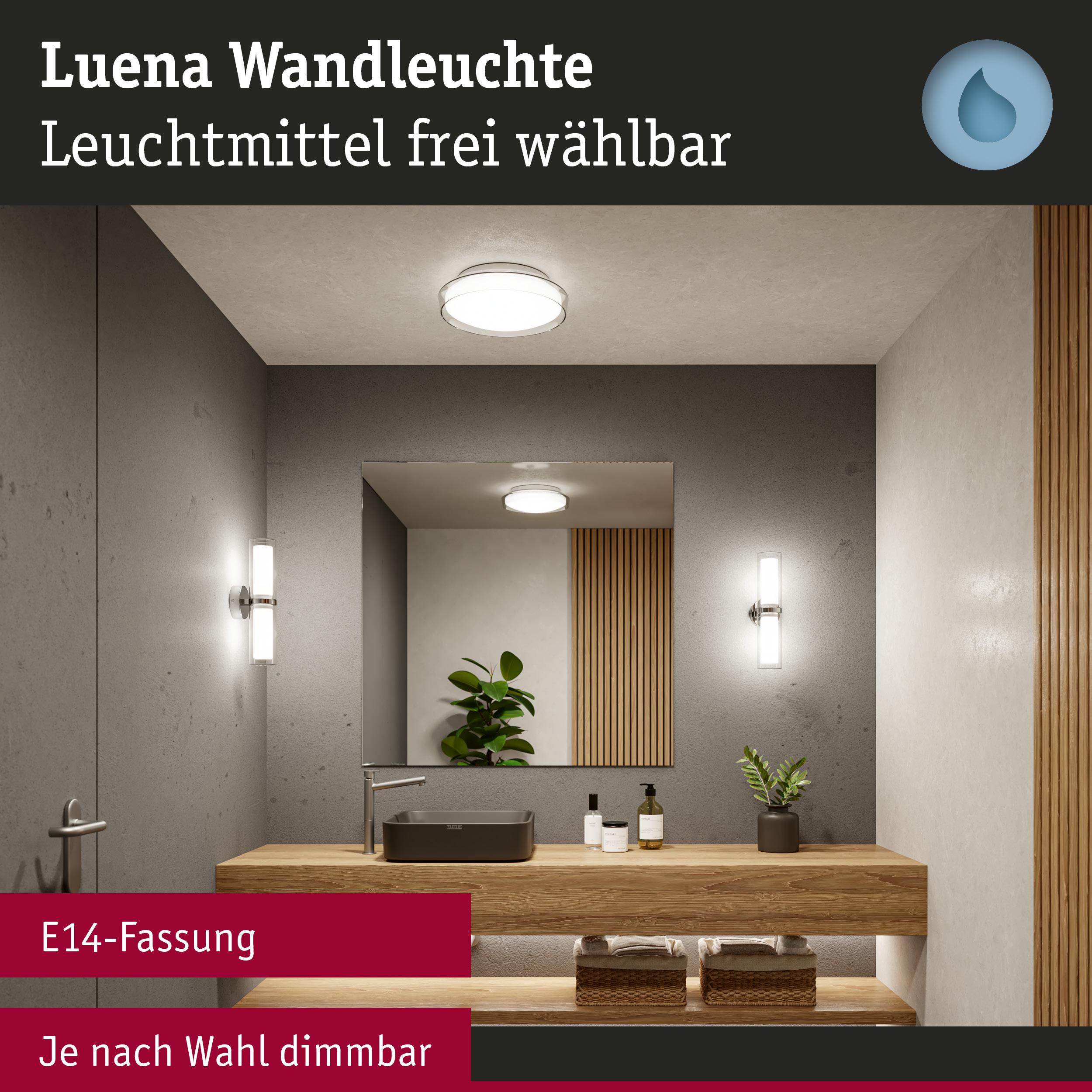 Luena Wandleuchte mit E14-Fassung in Weiß und Chrom, dimmbar, moderne Badbeleuchtung mit Glaslampen