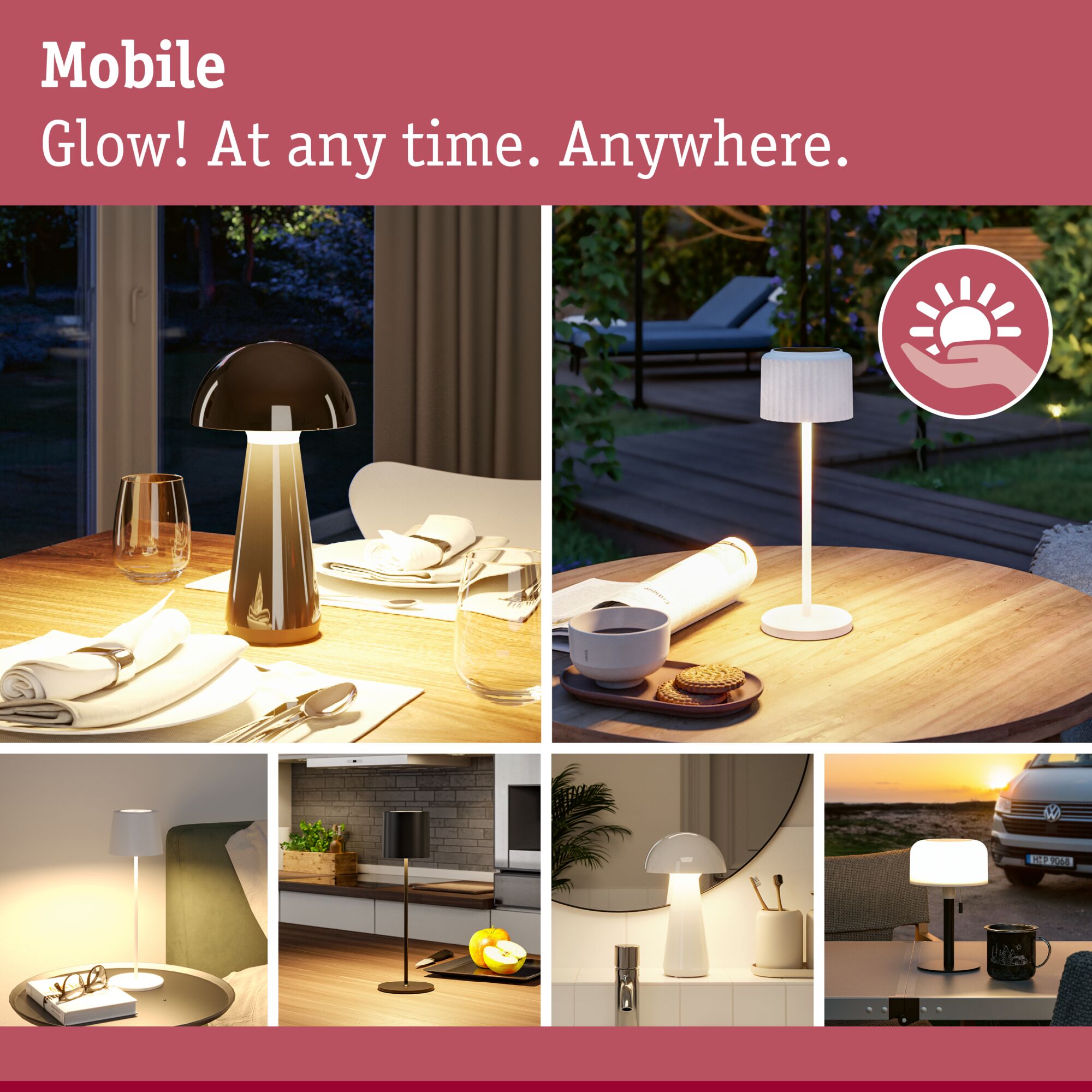 Verschiedene mobile LED-Tischleuchten in Weiß und Schwarz für flexible Beleuchtung drinnen und draußen.