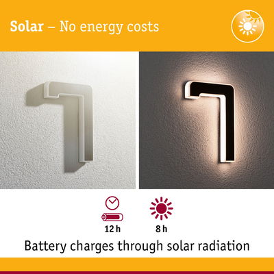 Solar-powered modern black and white wall light with 12h runtime and 8h charging time