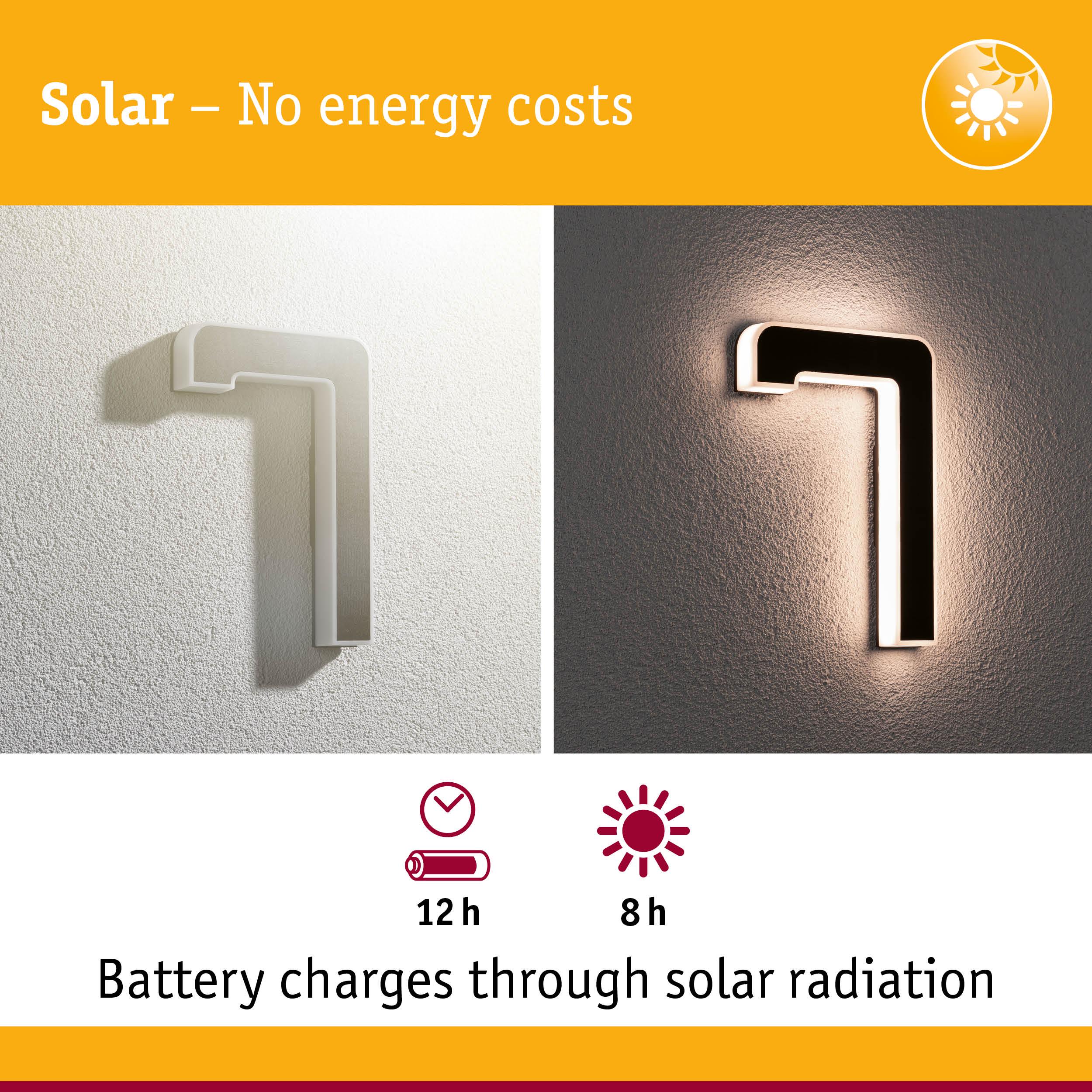 Solar-powered modern black and white wall light with 12h runtime and 8h charging time