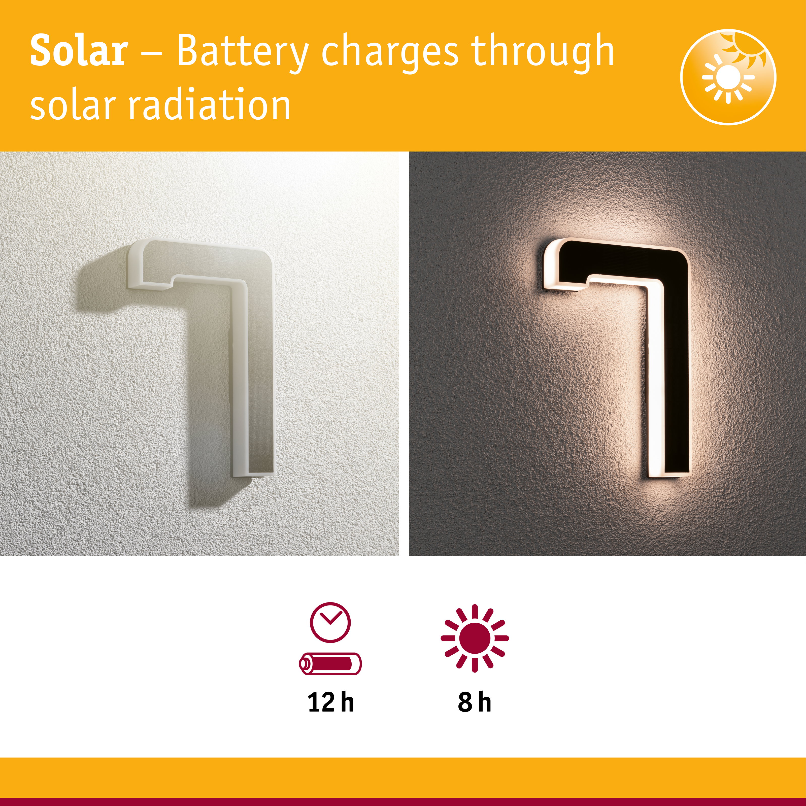 Solar-powered wall lamp with white housing and energy-saving LED lighting for indoor and outdoor use