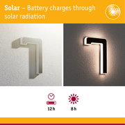Solar-powered wall lamp with white housing and energy-saving LED lighting for indoor and outdoor use