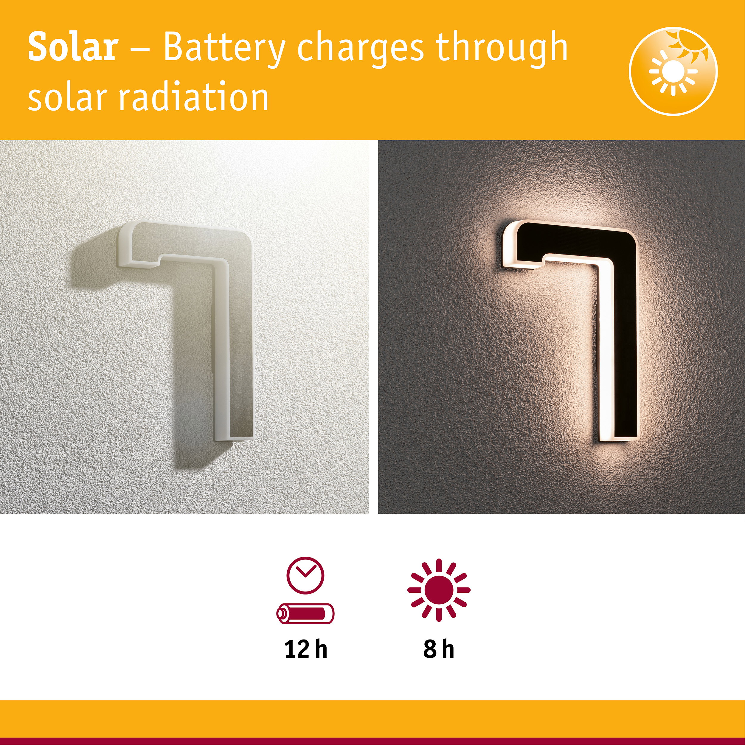 Solar-powered wall lamp with white housing and energy-saving LED lighting for indoor and outdoor use