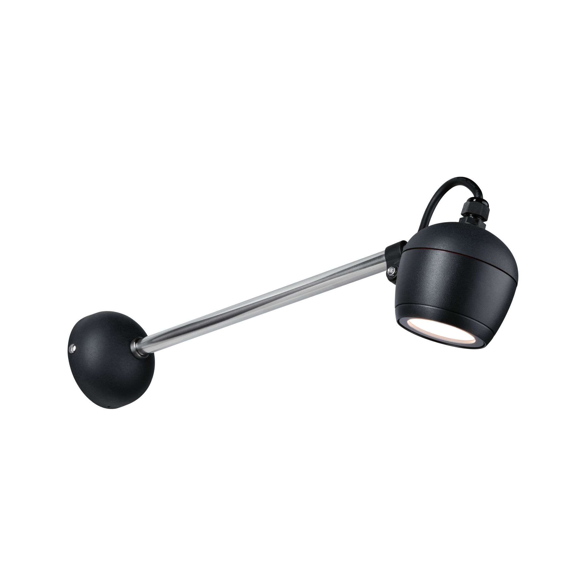 Schwarze Wandlampe mit verstellbarem Kopf und silbernem Metallarm für gezielte Beleuchtung