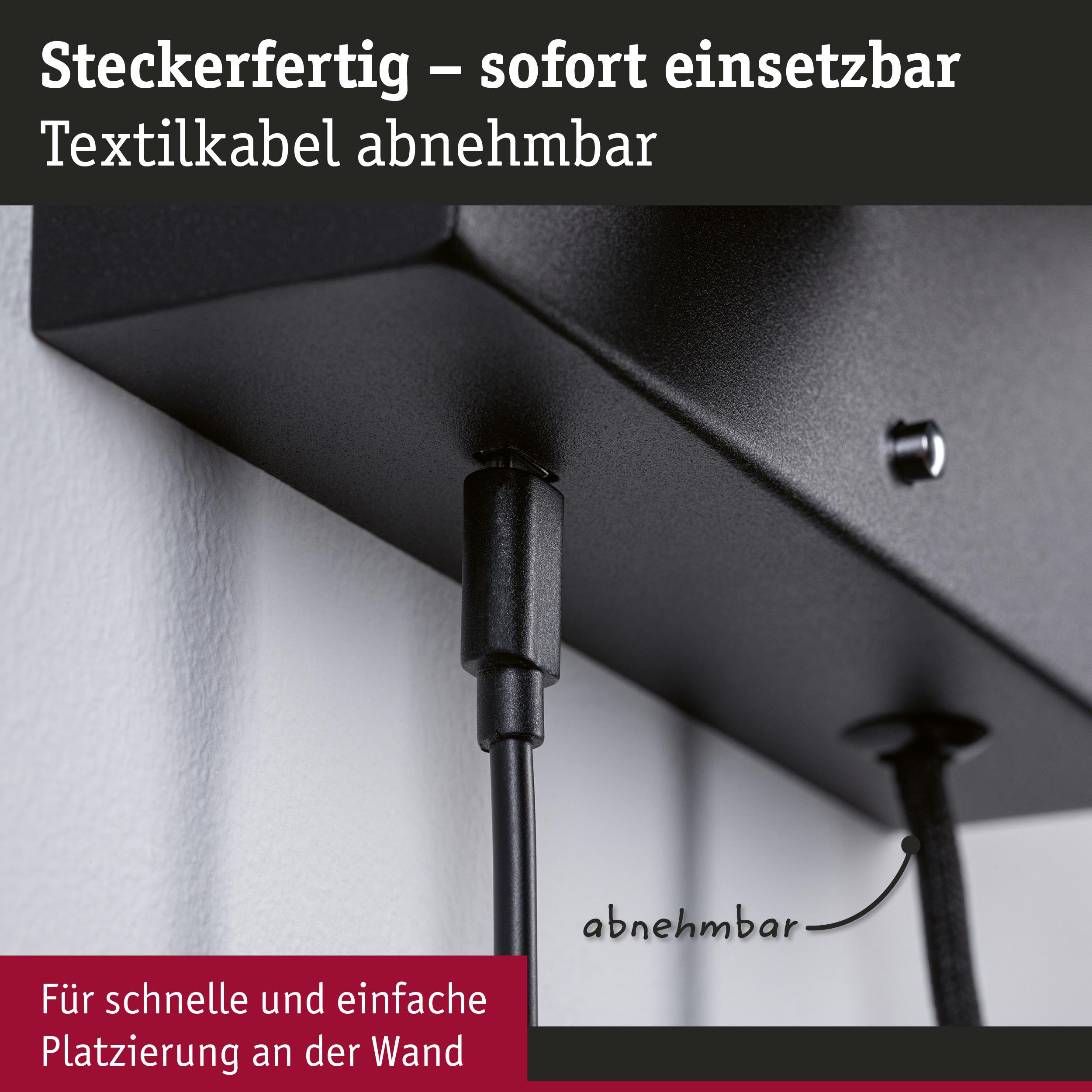 Schwarze Steckverbindung mit abnehmbarem Textilkabel für einfache Wandmontage und schnelle Installation
