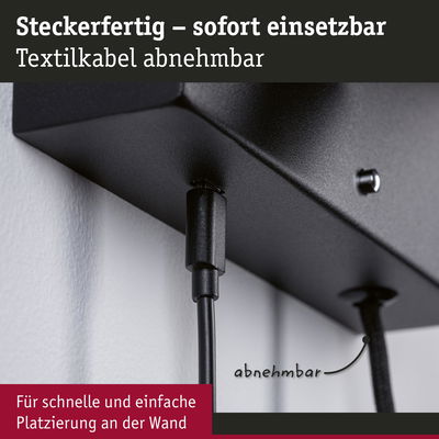 Schwarze Steckverbindung mit abnehmbarem Textilkabel für einfache Wandmontage und schnelle Installation