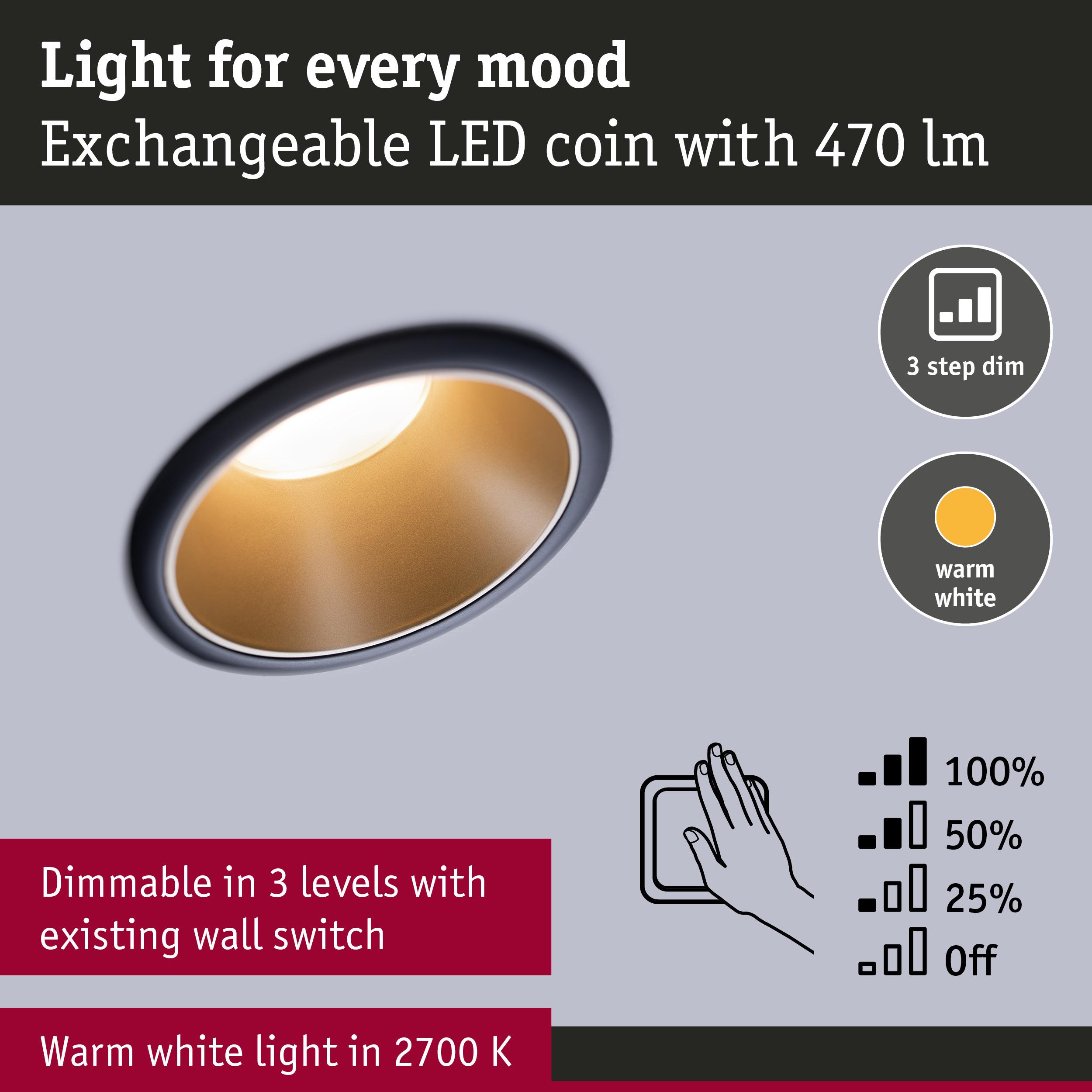 Recessed LED spotlight with warm white 2700K light, dimmable in 3 steps using existing wall switch