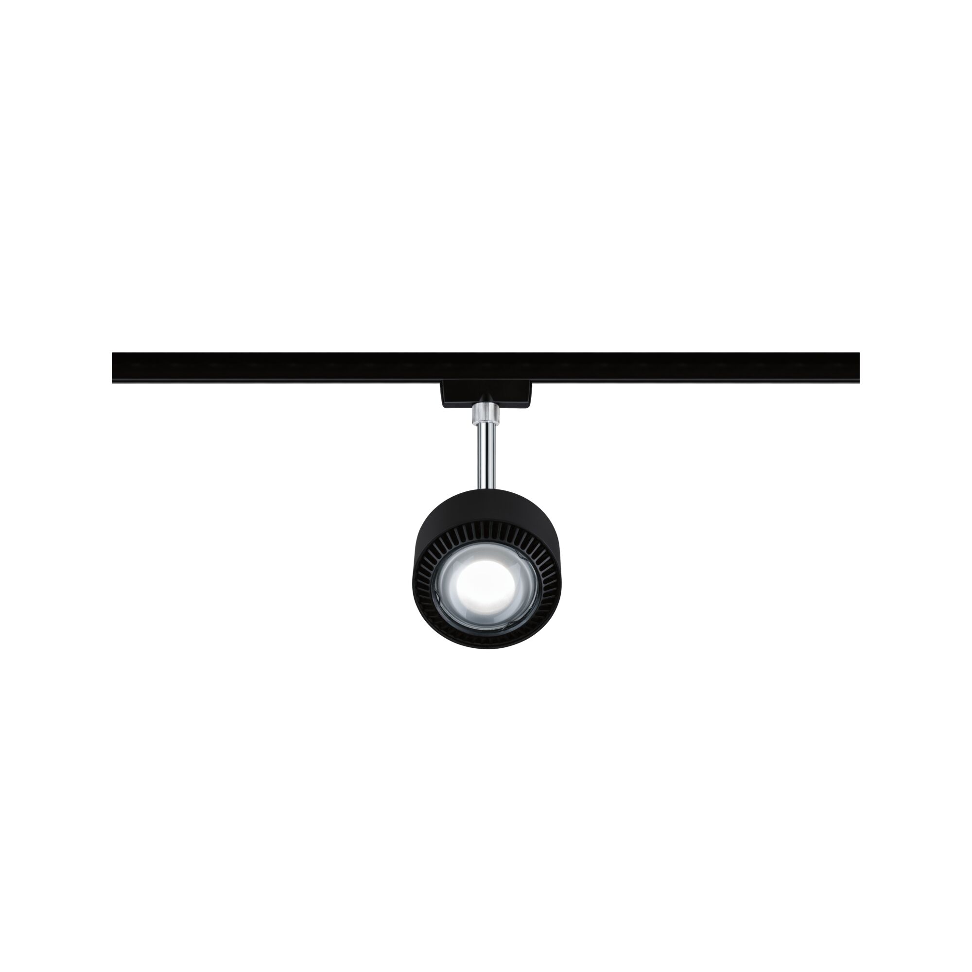 Schwarzer LED-Strahler aus Metall an Schienensystem für flexible Beleuchtung im Innenraum