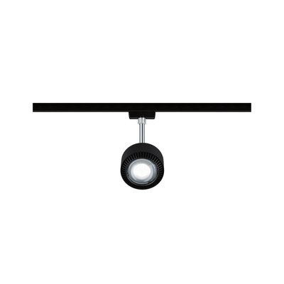 Schwarzer LED-Strahler aus Metall an Schienensystem für flexible Beleuchtung im Innenraum