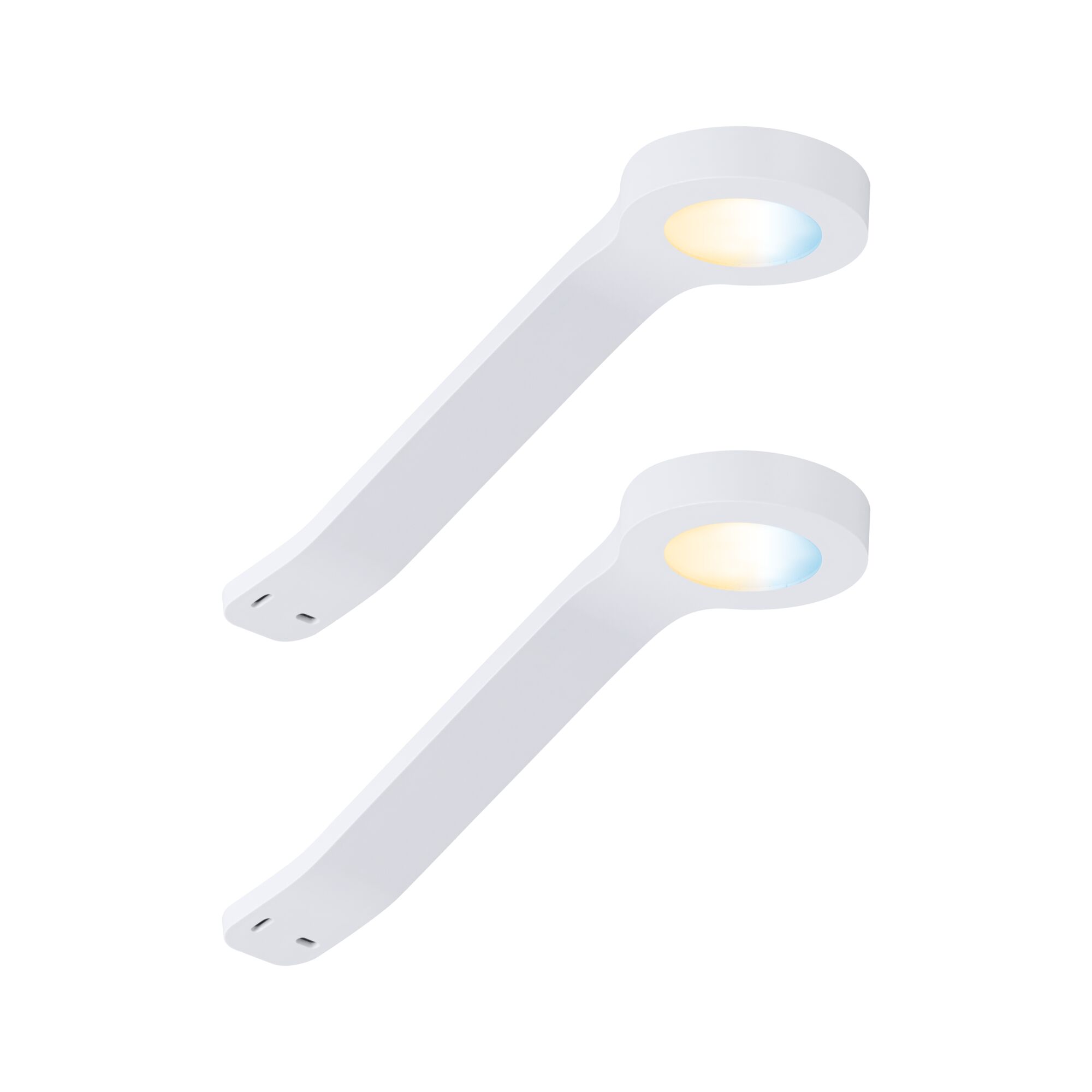 Zwei weiße LED-Unterbauleuchten mit warmweißem und kaltweißem Licht für moderne Küchenbeleuchtung