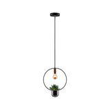 Modern black metal pendant light with copper accents and built-in plant pot for indoor greenery