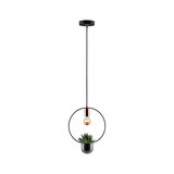 Moderne zwarte metalen hanglamp met koperen accenten en ingebouwde plantenpot voor kamerplanten