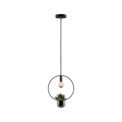 Modern black metal pendant light with copper accents and built-in plant pot for indoor greenery
