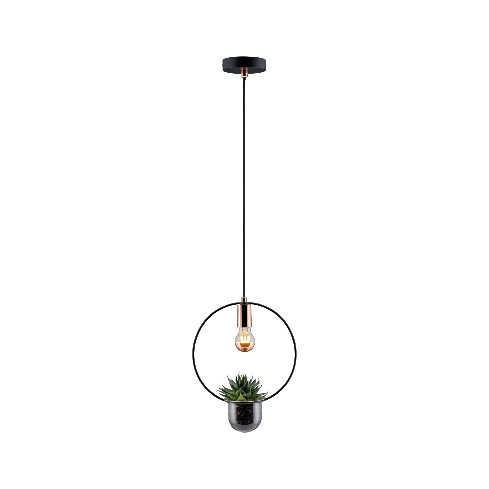 Moderne Pendelleuchte aus Metall in Schwarz mit Kupferdetails und integriertem Pflanzgefäß für Zimmerpflanzen