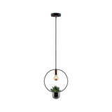 Moderne Pendelleuchte aus Metall in Schwarz mit Kupferdetails und integriertem Pflanzgefäß für Zimmerpflanzen