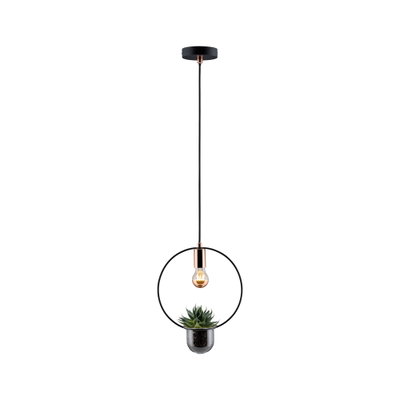 Moderne Pendelleuchte aus Metall in Schwarz mit Kupferdetails und integriertem Pflanzgefäß für Zimmerpflanzen