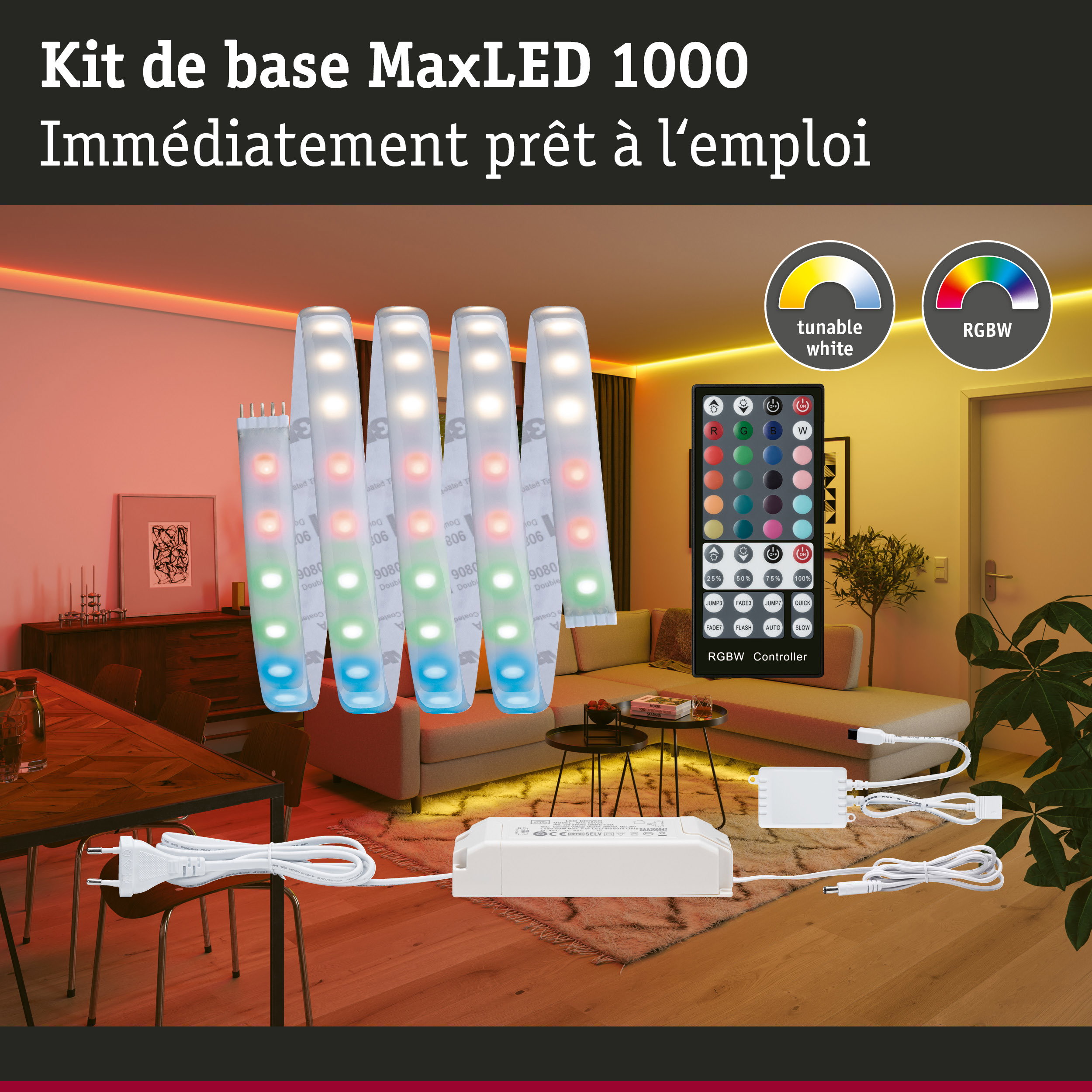 Kit de base MaxLED 1000 avec bande LED RGBW, télécommande et alimentation pour éclairage d'ambiance