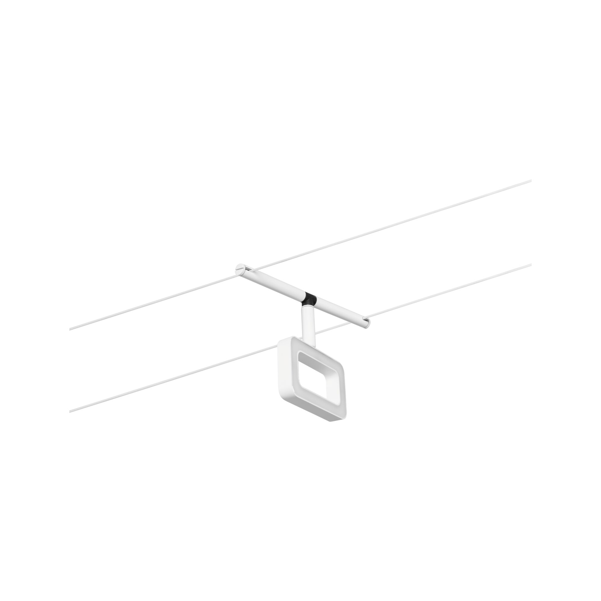 Moderner weißer LED-Seilstrahler mit quadratischem Leuchtkopf und Aluminiumgestell für flexible Beleuchtung