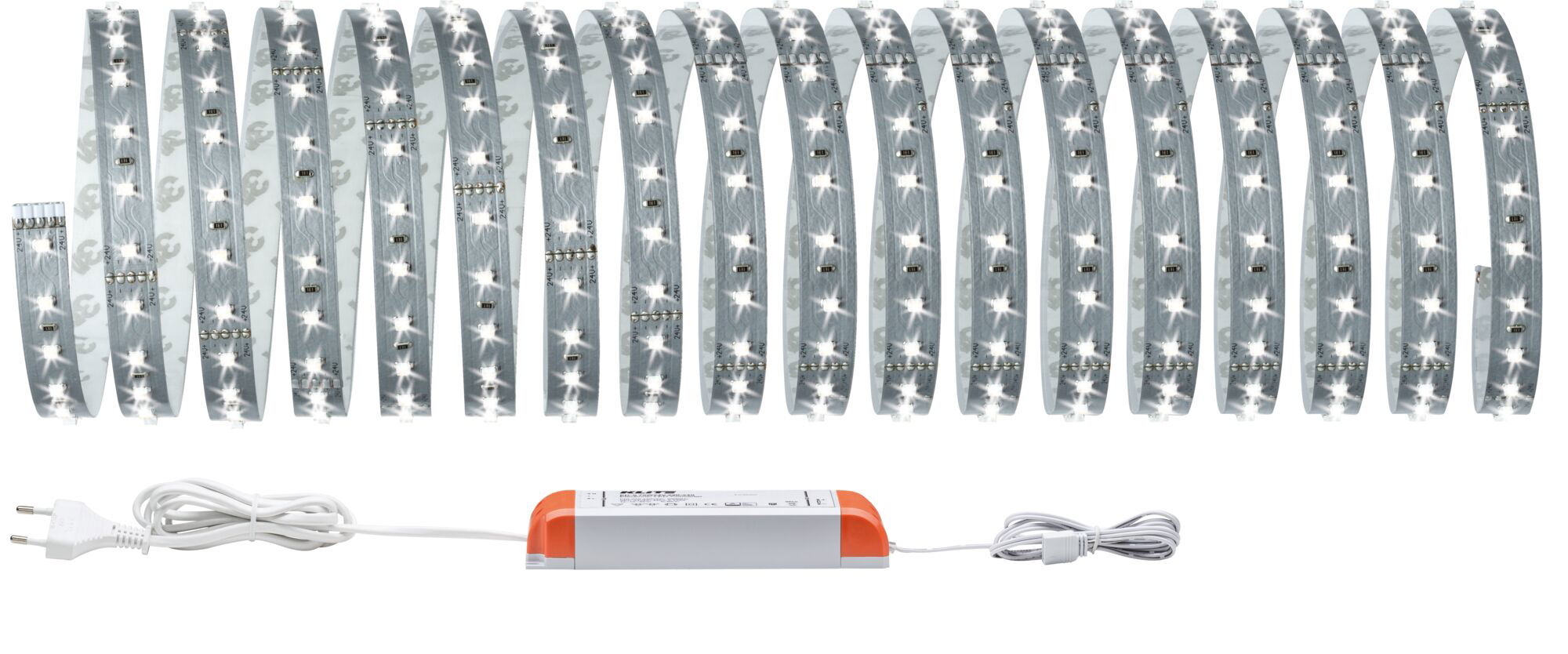 Flexible LED-Lichtleiste mit Netzteil in Weiß und Orange für vielseitige Beleuchtungslösungen.