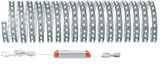 Flexible LED strip light with white and orange power supply for versatile lighting solutions.
