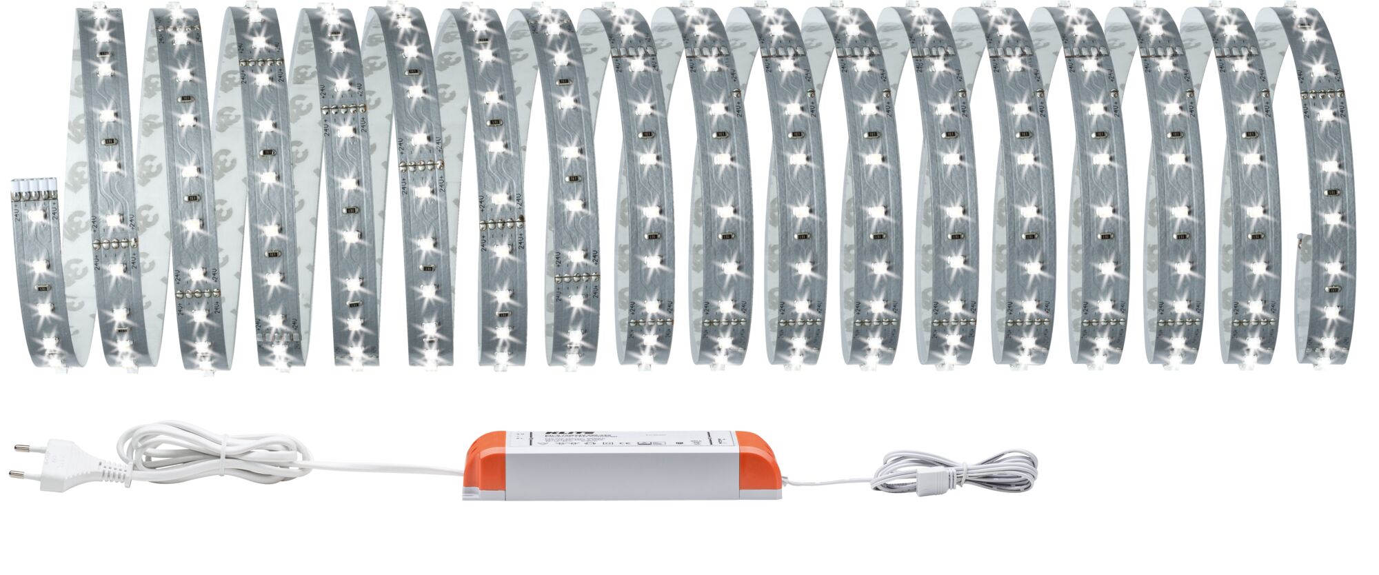 Flexible LED-Lichtleiste mit Netzteil in Weiß und Orange für vielseitige Beleuchtungslösungen.