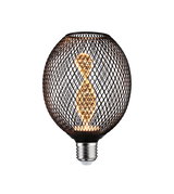 LED bulb with black metal mesh and decorative warm white filament for ambient lighting