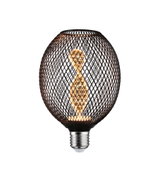 LED-Glühbirne mit schwarzem Metallgitter und dekorativem warmweißem Filament für stimmungsvolle Beleuchtung