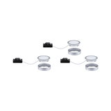 Three round silver LED recessed lights with white diffuser and black connector box for indoor lighting