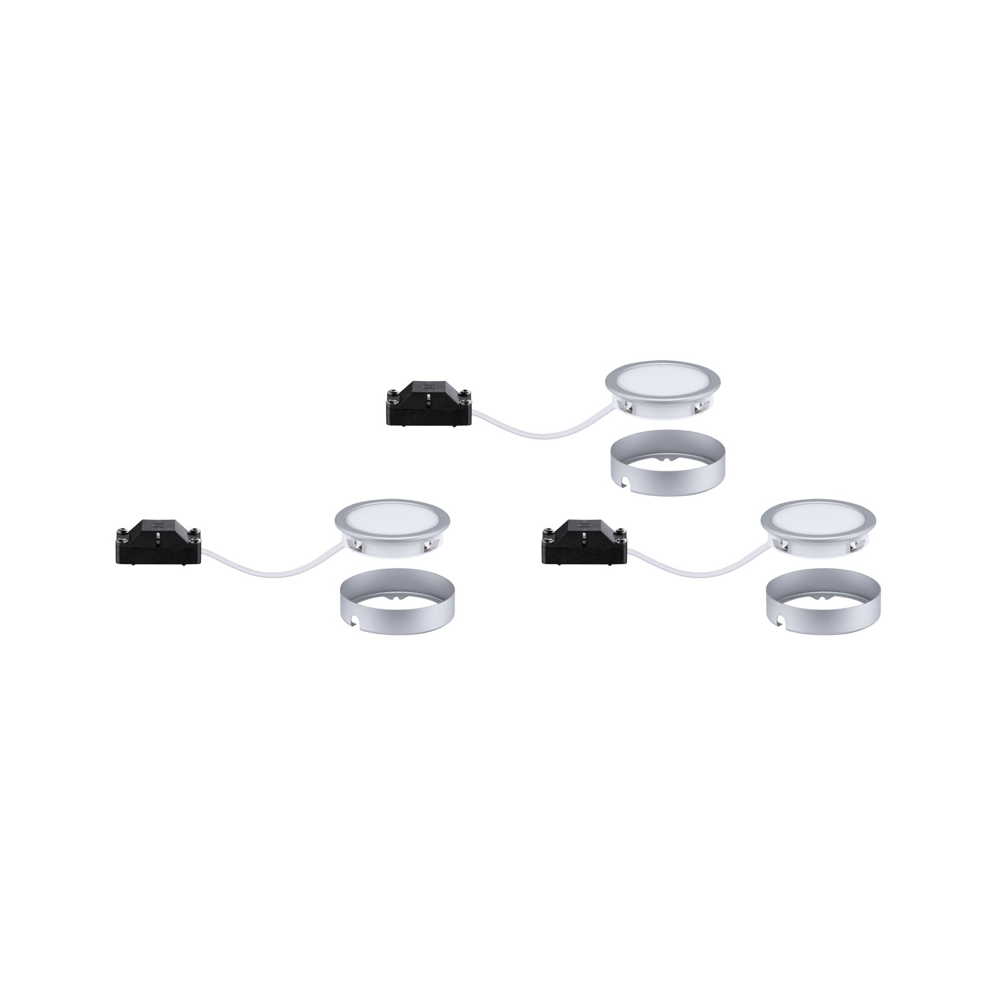Trois spots encastrés LED ronds argentés avec diffuseur blanc et boîtier de connexion noir pour éclairage intérieur