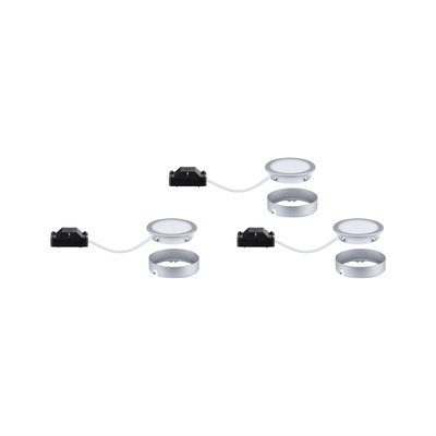 Three round silver LED recessed lights with white diffuser and black connector box for indoor lighting