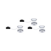 Three round silver LED recessed lights with white diffuser and black connector box for indoor lighting