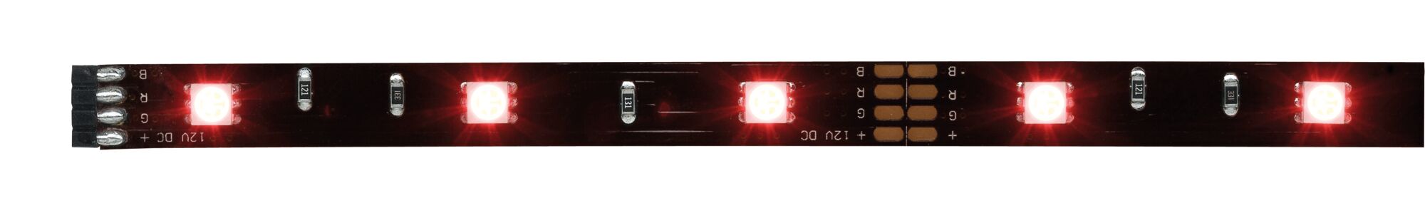 Sort LED-lysstribe med røde lys, 12V DC, velegnet til dekorativ belysning og LED-strips.
