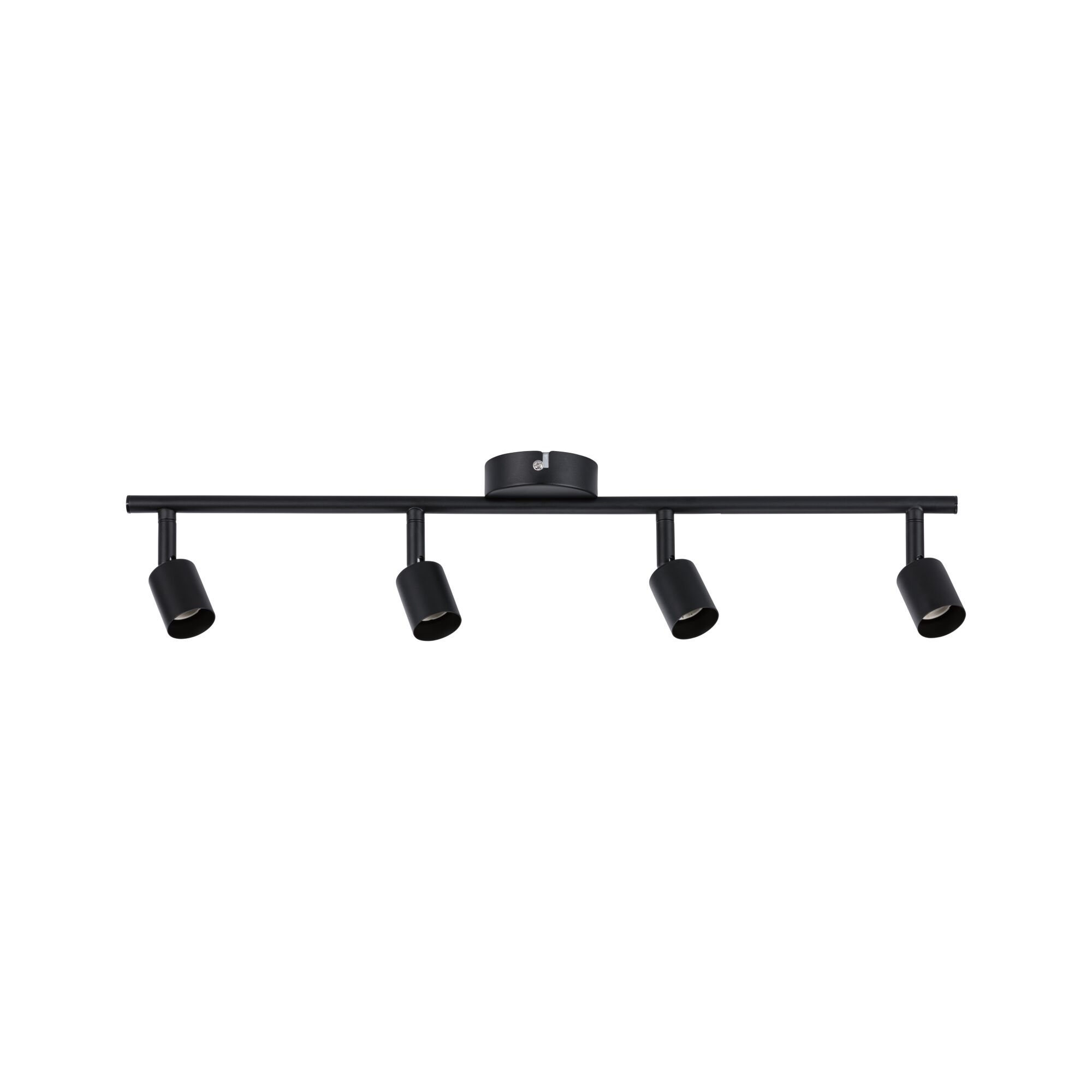 Black ceiling light with four adjustable metal spotlights for modern room lighting