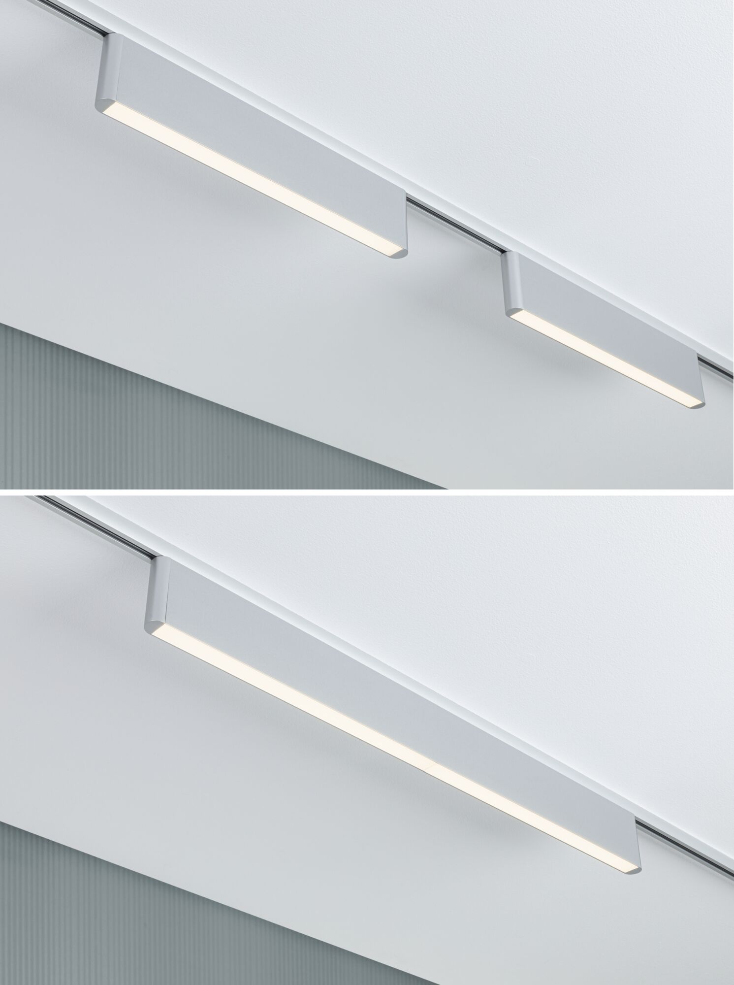 Modern white LED track lighting with two elongated fixtures for efficient room illumination
