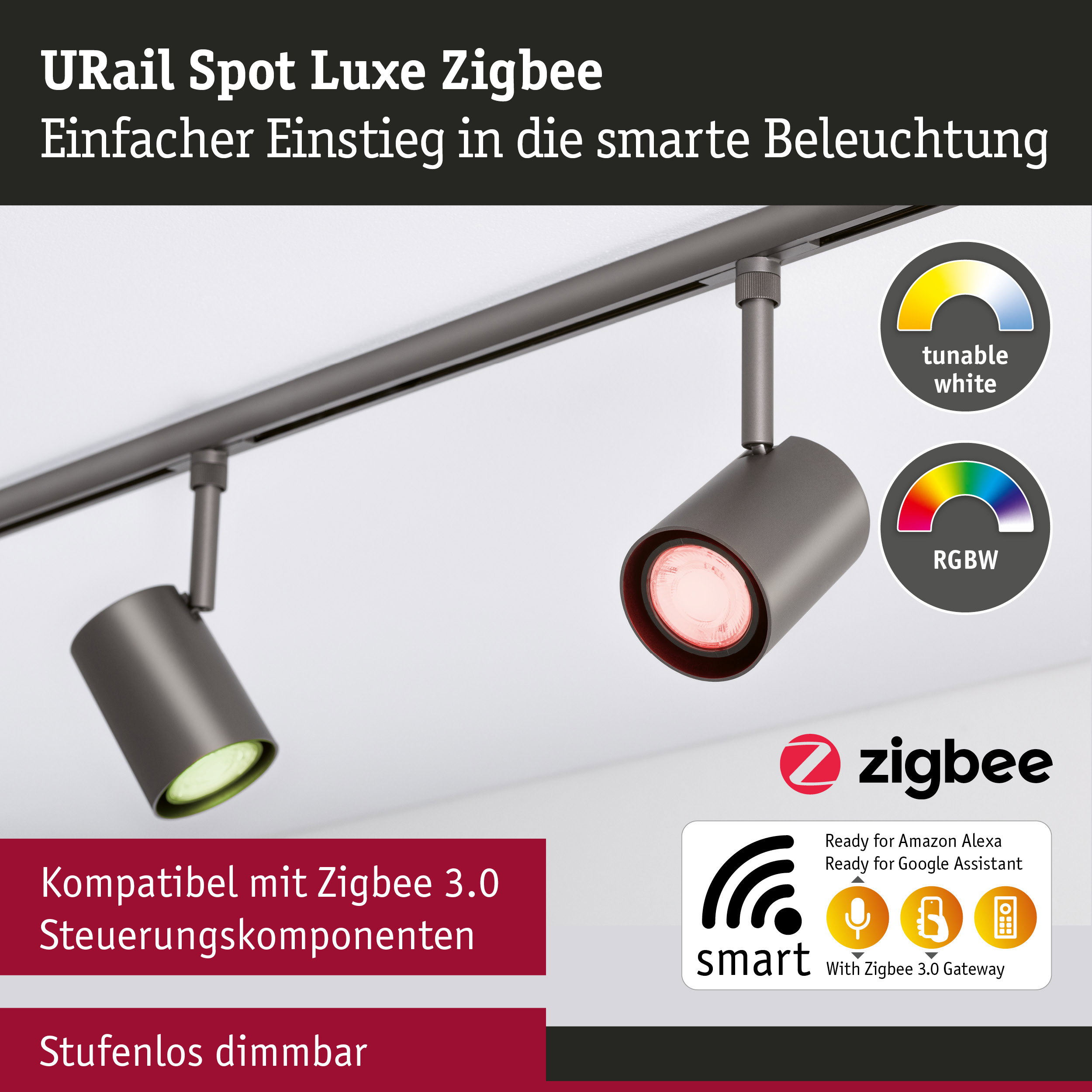 URail Schienenspot Smart Home Zigbee 3.0 Luxe GU10 350lm 4,8W RGBW dimmbar 230V Titanium