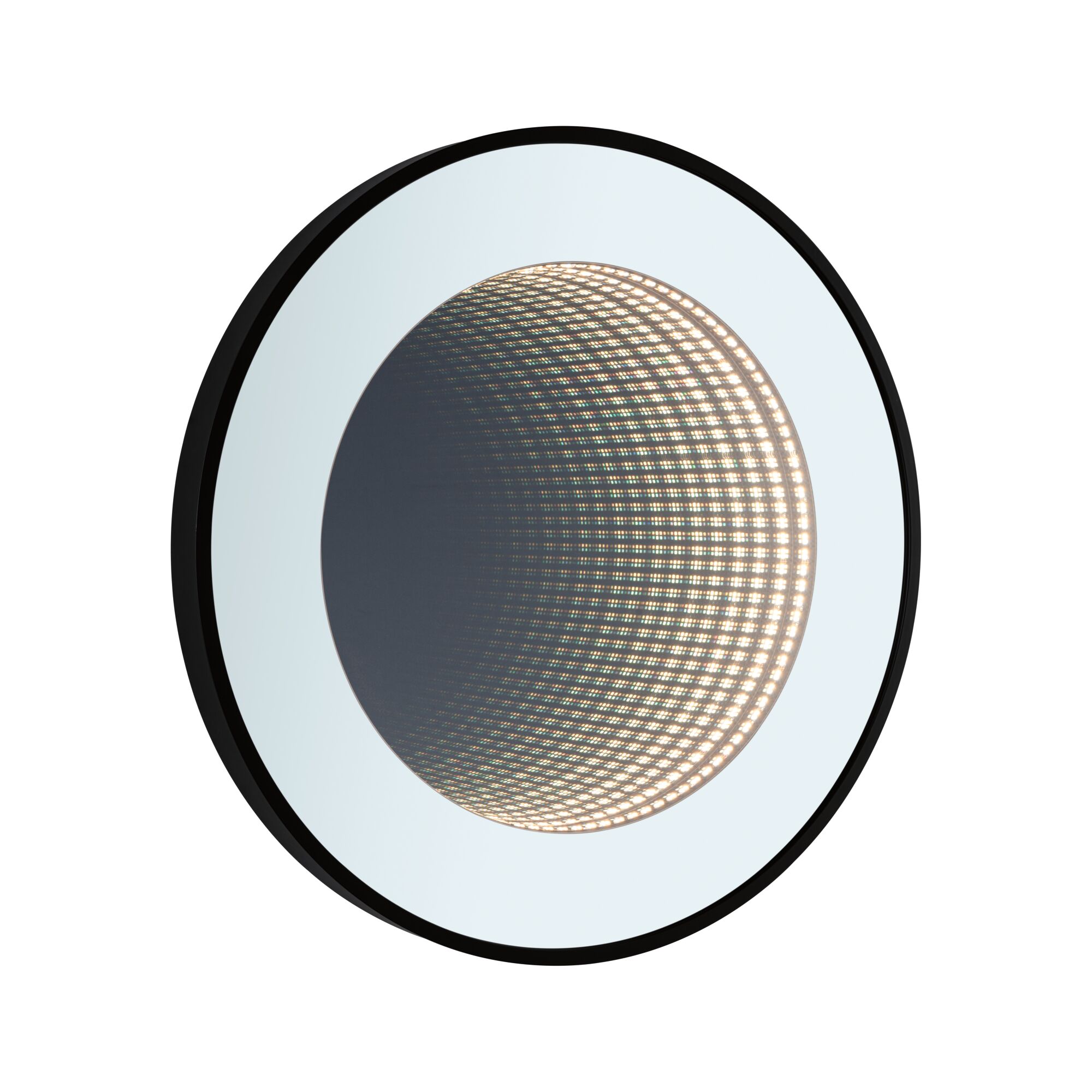 Miroir LED rond avec cadre noir et motif lumineux infini pour éclairage intérieur moderne