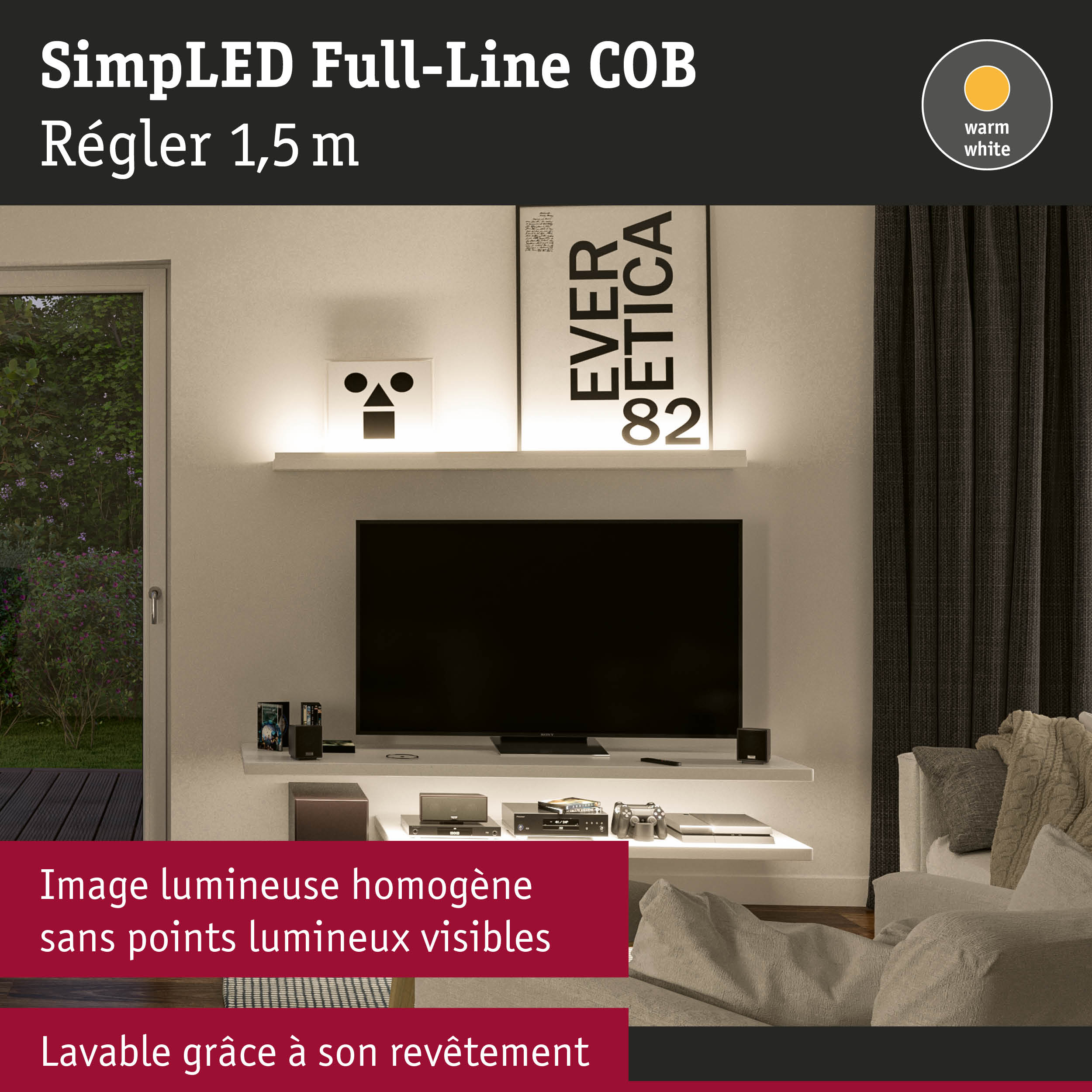 SimLED Full-Line COB 1,5 m bande LED blanc chaud pour un éclairage homogène sans points lumineux visibles