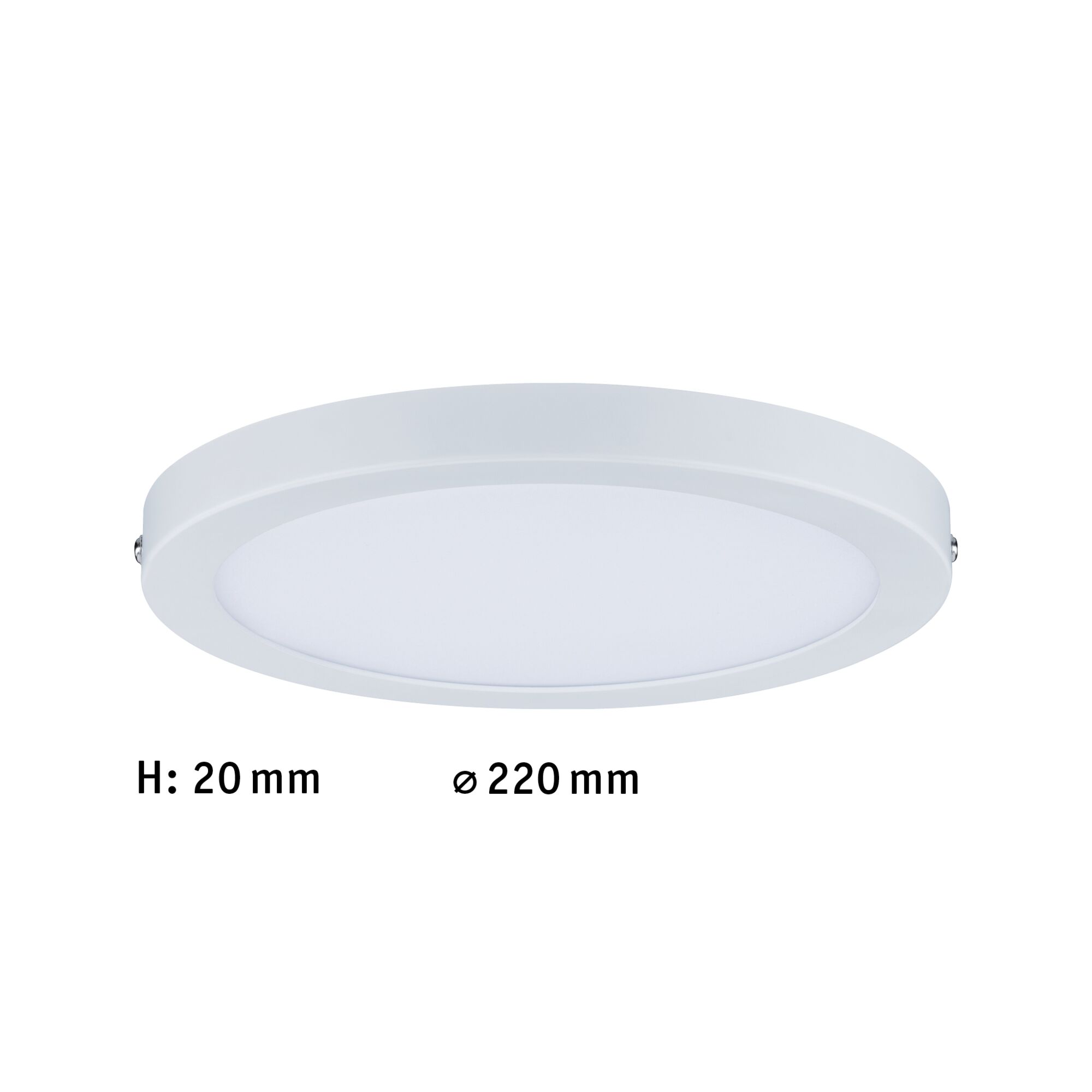 Flat round white LED ceiling light with 220 mm diameter and 20 mm height for modern lighting solutions