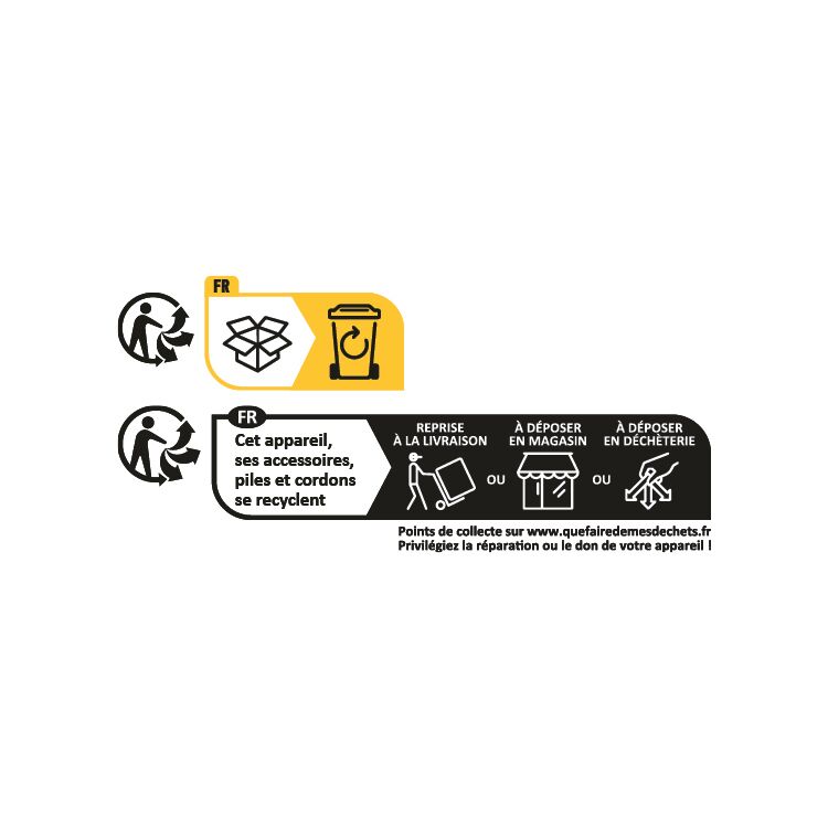 Instructions pour le recyclage des appareils, accessoires, piles et cordons avec points de collecte
