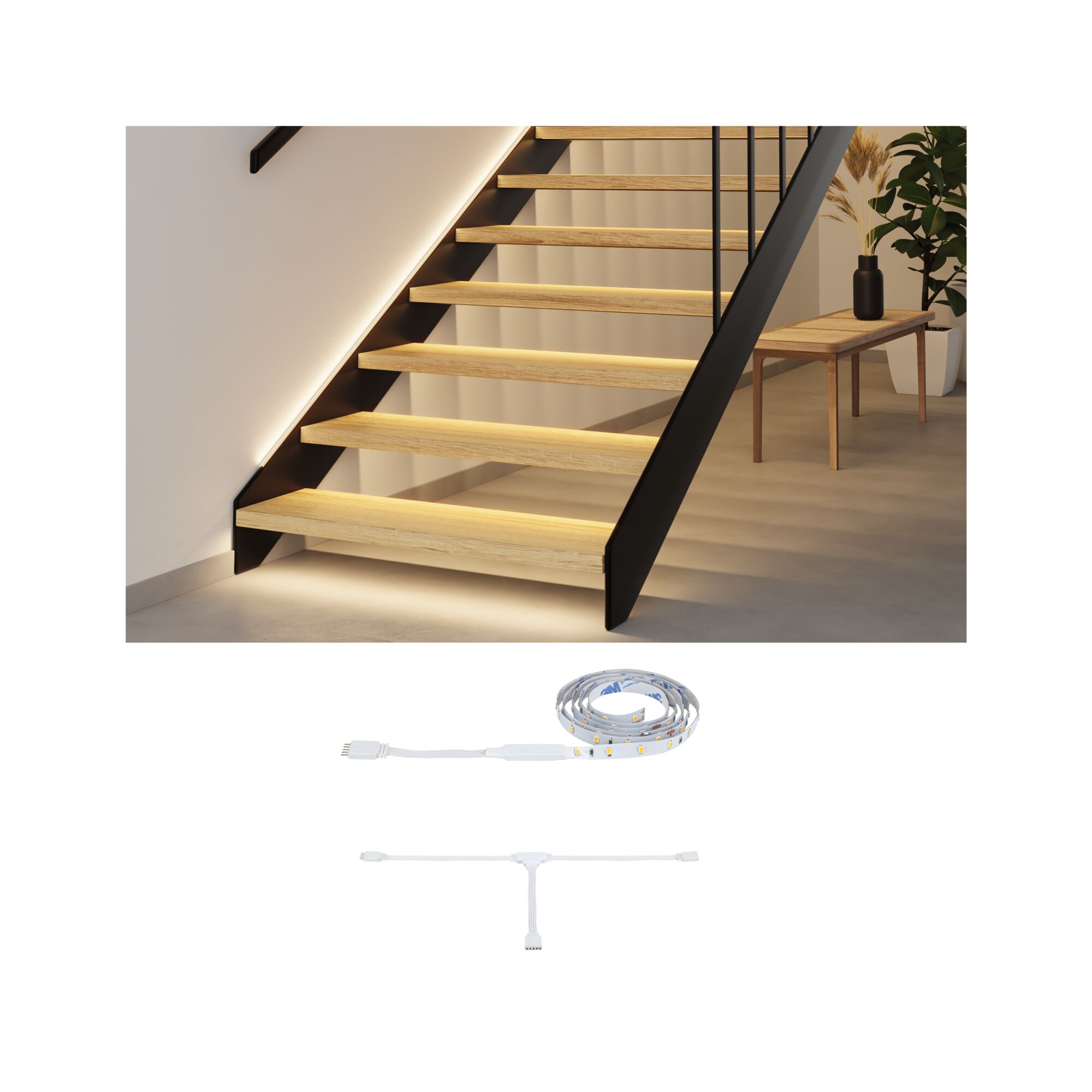 MaxLED Stair LED Strip Extension 1m 0,6W 64lm 2700K Warm white LED strip lighting under wooden stairs with white connector cable for stair illumination