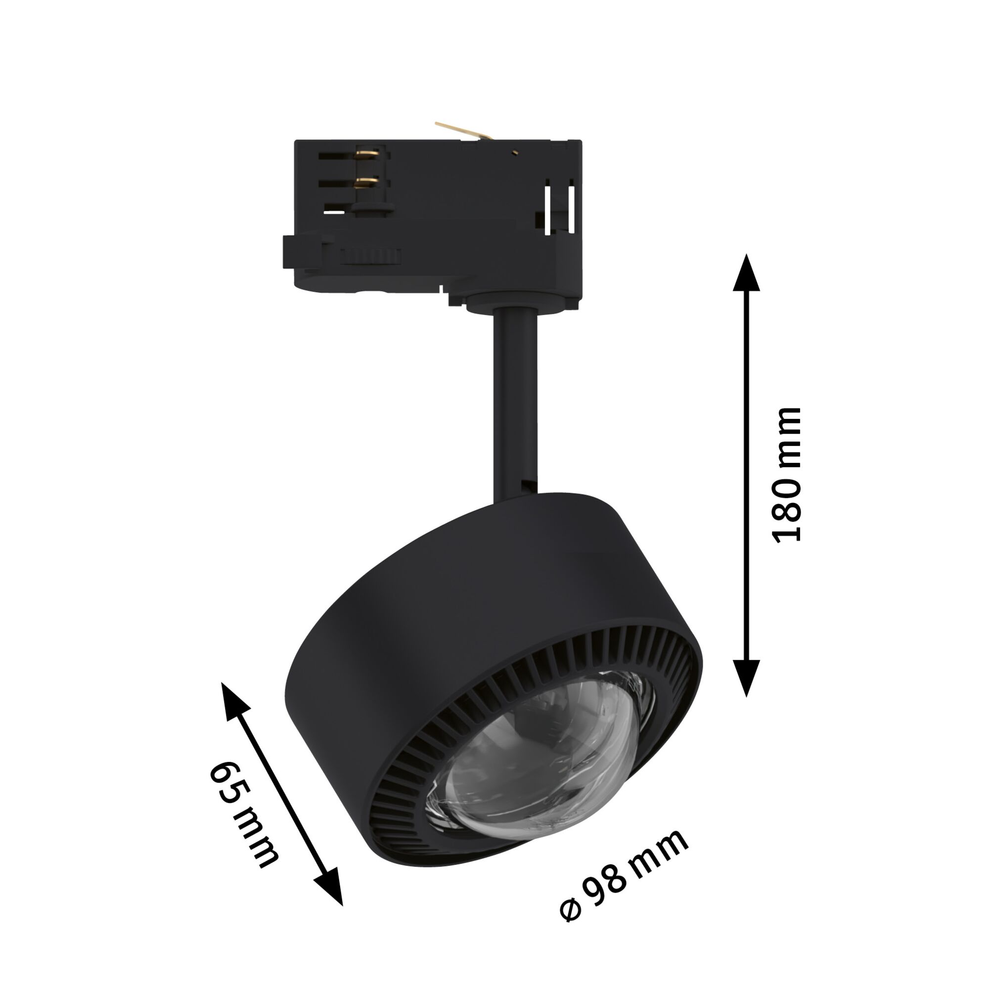 Black plastic LED spotlight with 180x65 mm size and 98 mm diameter for track lighting systems