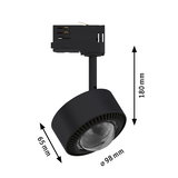 Zwarte LED-spot van kunststof, 180x65 mm en 98 mm diameter, geschikt voor railsystemen
