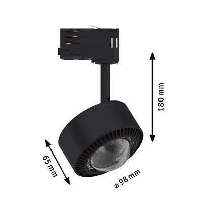 Zwarte LED-spot van kunststof, 180x65 mm en 98 mm diameter, geschikt voor railsystemen
