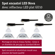 Spot encastré LED Nova en aluminium argenté avec lampe LED plate GU10 et ampoule interchangeable