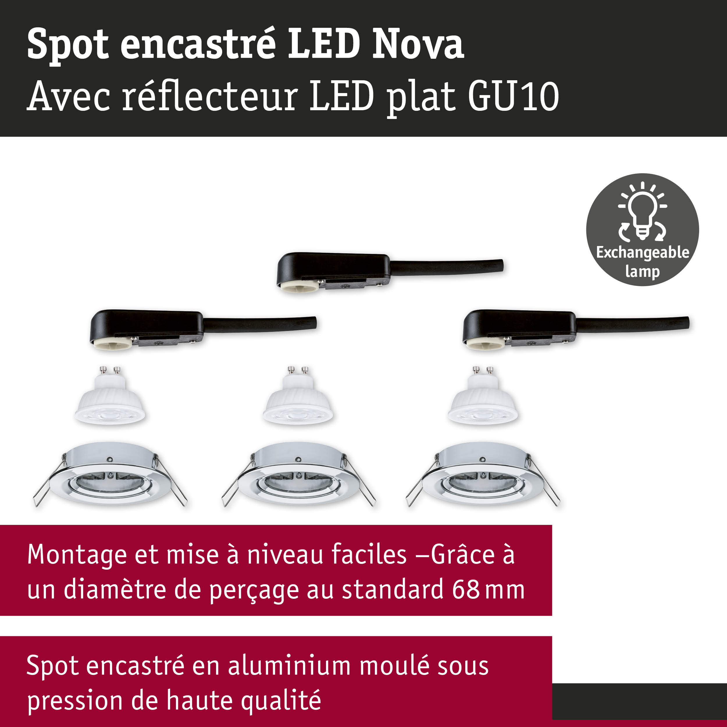 Spot encastré LED Nova en aluminium argenté avec lampe LED plate GU10 et ampoule interchangeable