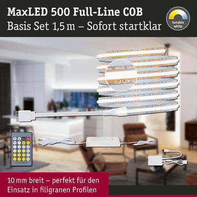 MaxLED 500 Full-Line COB LED-Lichtband 1,5 m mit Fernbedienung, weißes Licht, 10 mm breit für filigrane Profile