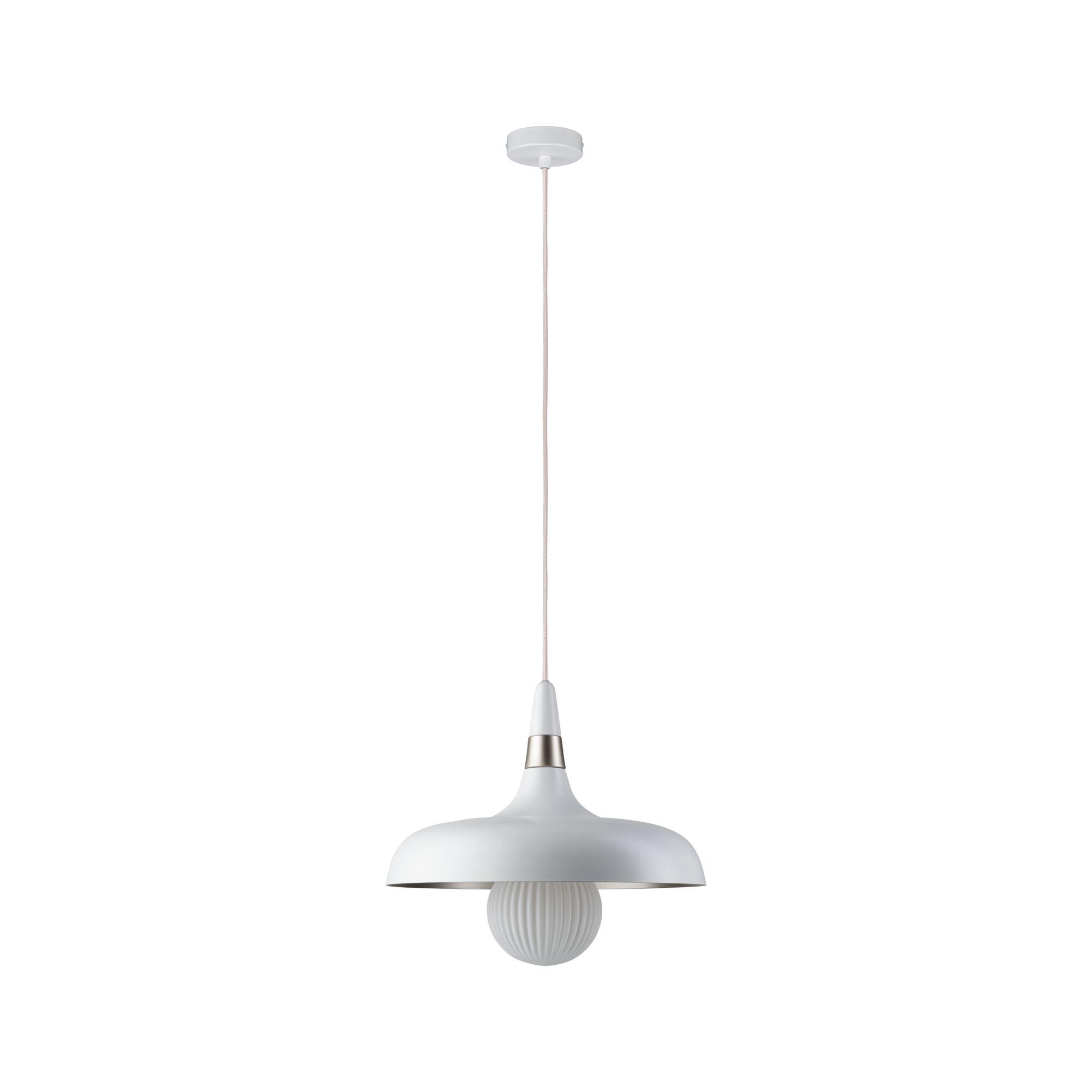 White metal pendant light with ribbed glass globe, modern ceiling lamp for living room lighting