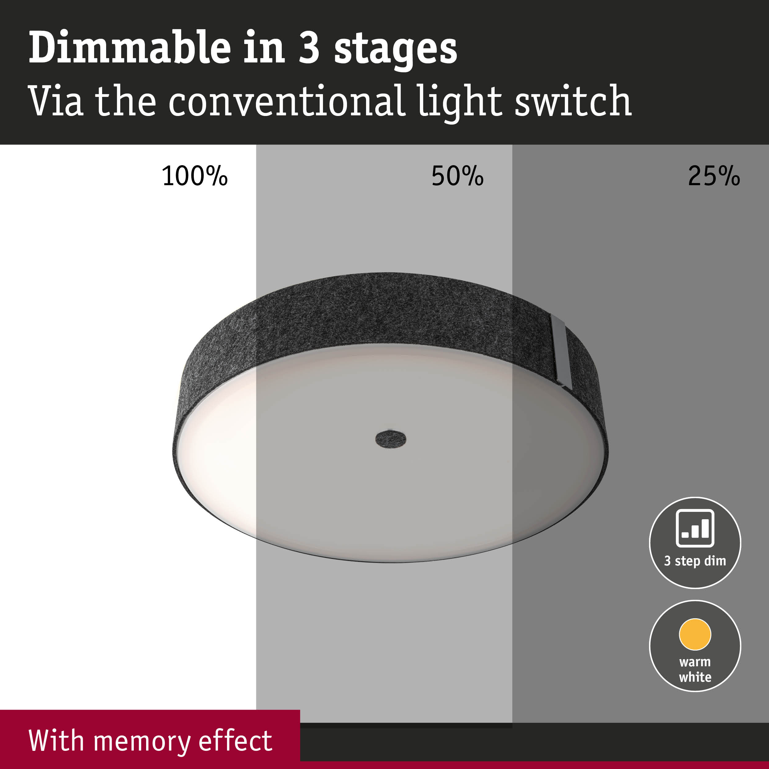 Round ceiling light with black felt edge and dimmable warm white LED in 3 stages for home lighting
