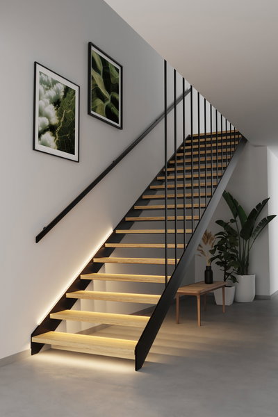 Escalier moderne avec marches en bois et garde-corps en métal noir, éclairage LED pour intérieur élégant