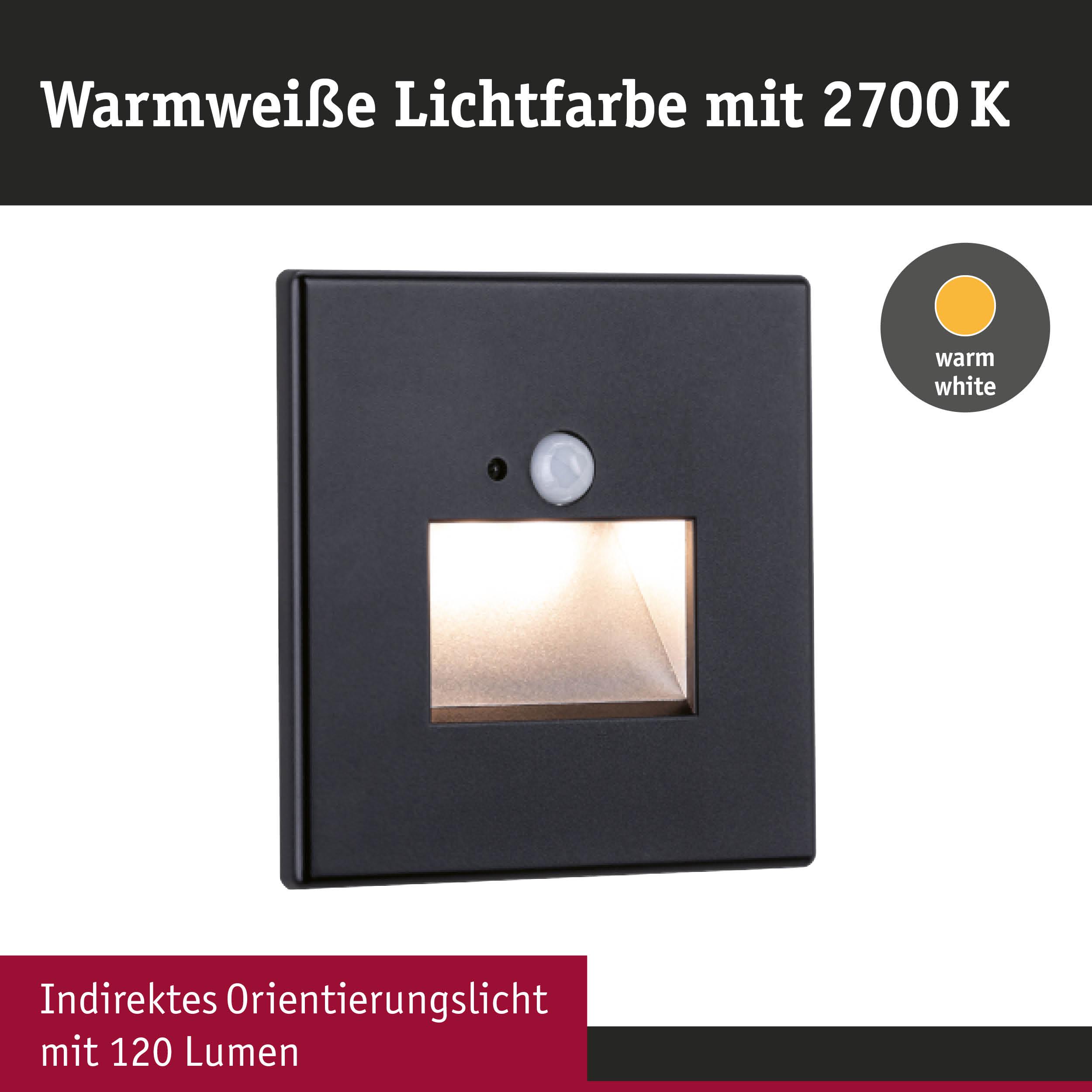 Schwarzes LED-Orientierungslicht mit warmweißer Lichtfarbe 2700K und 120 Lumen für indirekte Beleuchtung